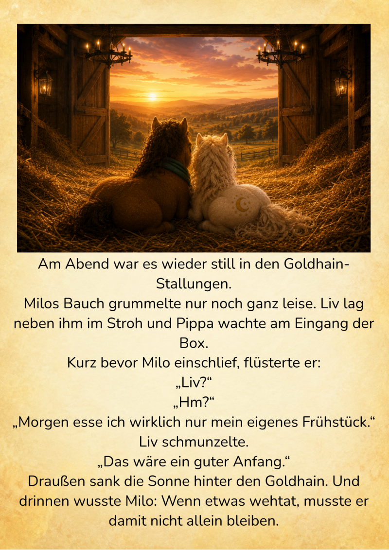 9. Liv und Milo liegen von hinten nebeneinander im Stroh und blicken durch das weit geöffnete Stalltor auf den leuchtenden Sonnenuntergang über dem Goldhain. 