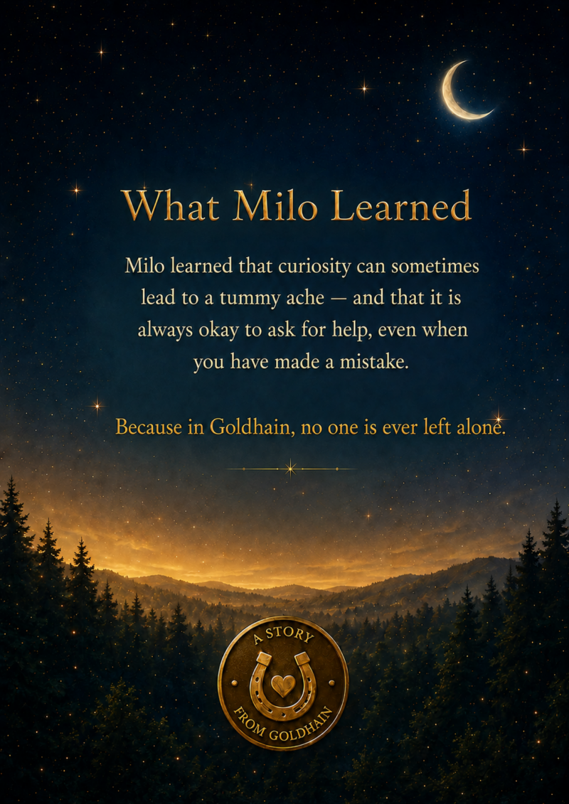 10. Final story page beneath a starry Goldhain sky, summarising what Milo learned about mistakes, asking for help and friendship. 