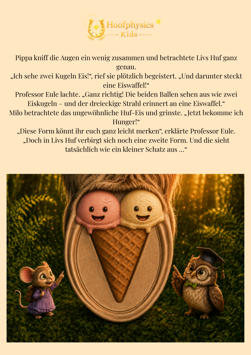 Pippa und Professor Eule betrachten Livs Hufsohle, deren zwei Ballen wie Eiskugeln und deren dreieckiger Strahl wie eine Eiswaffel dargestellt sind. So entdecken sie spielerisch die besonderen Formen unter dem Pferdehuf.