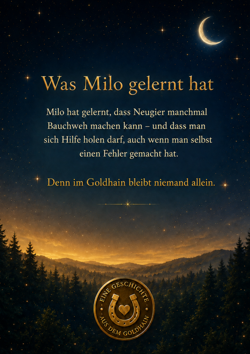 10. Nächtliche Goldhain-Landschaft mit Sternenhimmel, leuchtender Mondsichel und dem Merksatz, dass man sich auch nach einem eigenen Fehler Hilfe holen darf. 