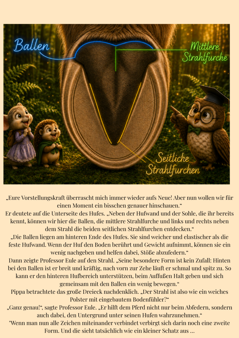 Eine beschriftete Nahansicht von Livs Hufsohle zeigt die beiden Ballen, die mittlere Strahlfurche und die seitlichen Strahlfurchen. Pippa, Fips und Professor Eule betrachten gemeinsam die anatomischen Strukturen des Pferdehufs. 