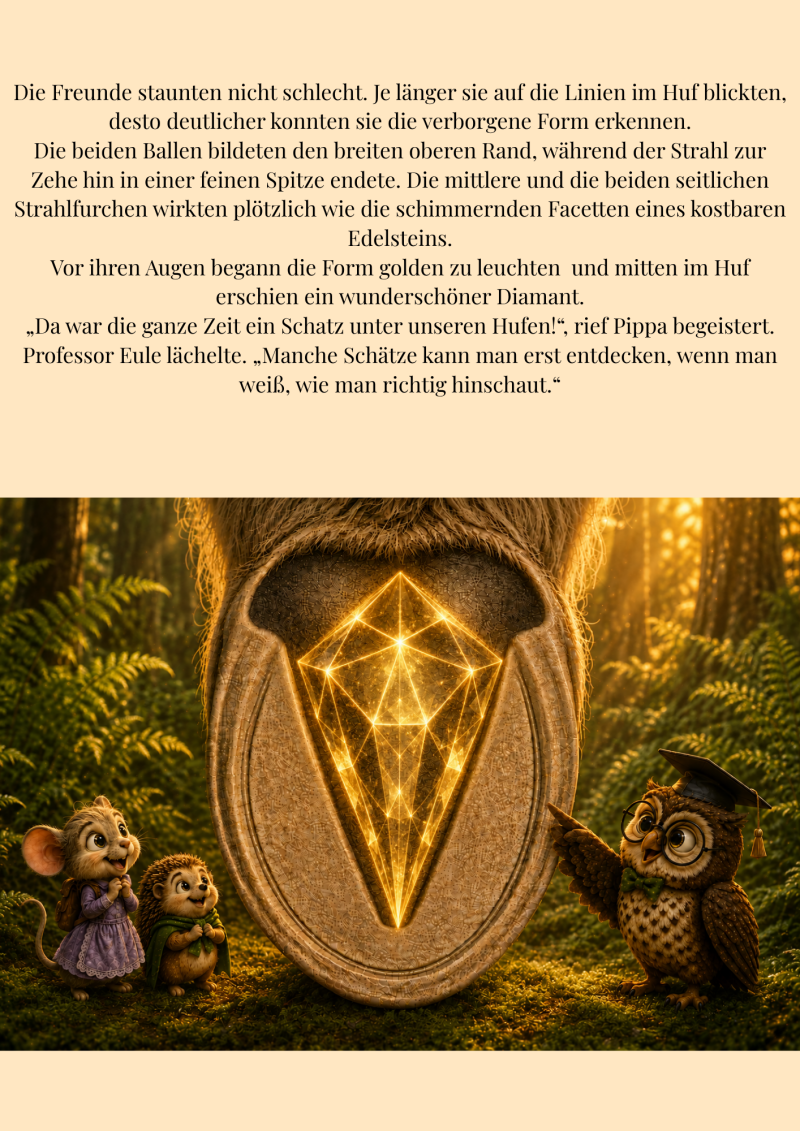 Ein leuchtender goldener Diamant erscheint inmitten von Livs Hufsohle. Pippa und Fips bestaunen begeistert die verborgene Form, während Professor Eule erklärend auf den funkelnden Schatz im Huf zeigt.