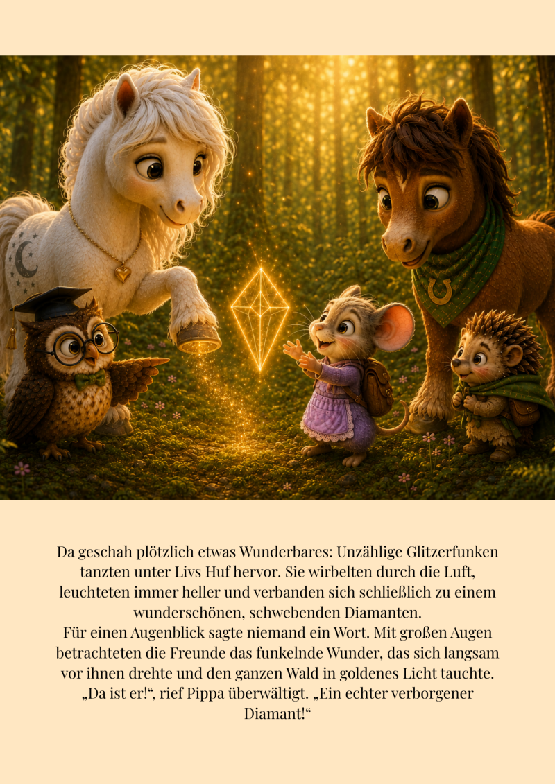 Ein leuchtender goldener Diamant erscheint inmitten von Livs Hufsohle. Pippa und Fips bestaunen begeistert die verborgene Form, während Professor Eule erklärend auf den funkelnden Schatz im Huf zeigt. 