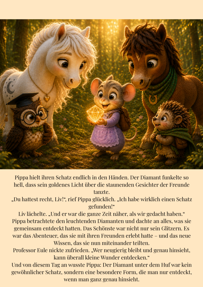 Pippa hält glücklich einen leuchtenden goldenen Diamanten in ihren Händen. Liv, Milo, Fips und Professor Eule stehen im warmen Licht des Goldhains um sie herum und bestaunen gemeinsam den besonderen Schatz.