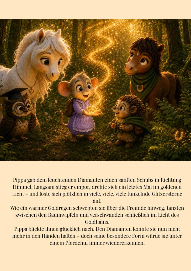 Der leuchtende Diamant in Pippas Händen löst sich in einen Wirbel aus goldenen Glitzersternen auf. Liv, Milo, Fips und Professor Eule beobachten staunend, wie der funkelnde Goldregen durch den Wald emporsteigt.