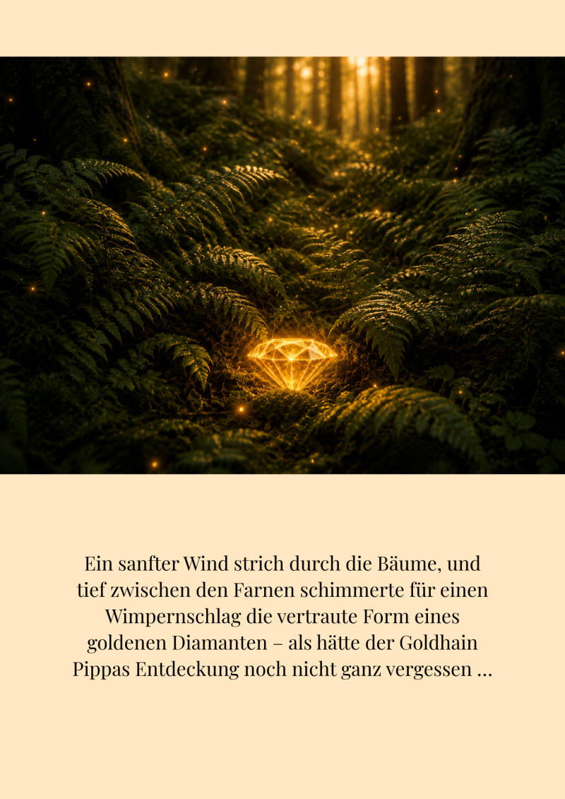 Ein goldener Diamant leuchtet geheimnisvoll zwischen dichten Farnen auf dem Waldboden des Goldhains. Warme Sonnenstrahlen und kleine Lichtfunken verleihen der stillen Szene einen märchenhaften Zauber.