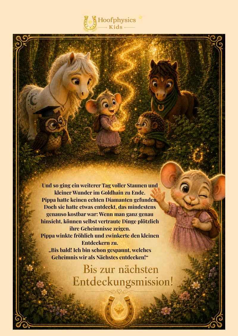 Liv, Milo, Pippa, Fips und Professor Eule bestaunen im Goldhain einen Wirbel aus goldenem Glitzer. Zum Abschluss winkt Pippa den kleinen Entdeckern fröhlich zu und lädt sie zur nächsten Entdeckungsmission ein.