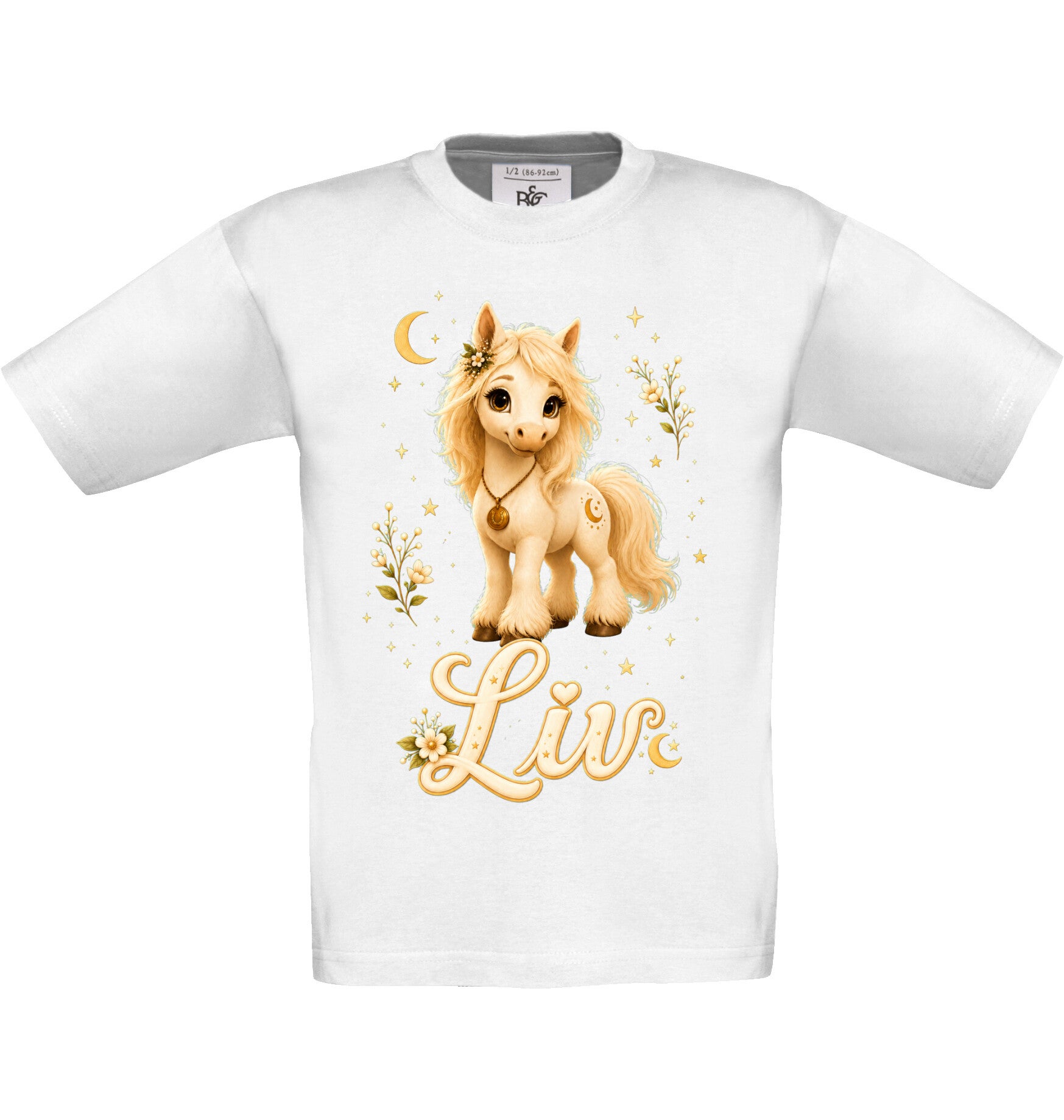 Weißes Hoofphysics Kids T-Shirt mit Liv, Blumen, Mondzeichen und goldenem Namensschriftzug.