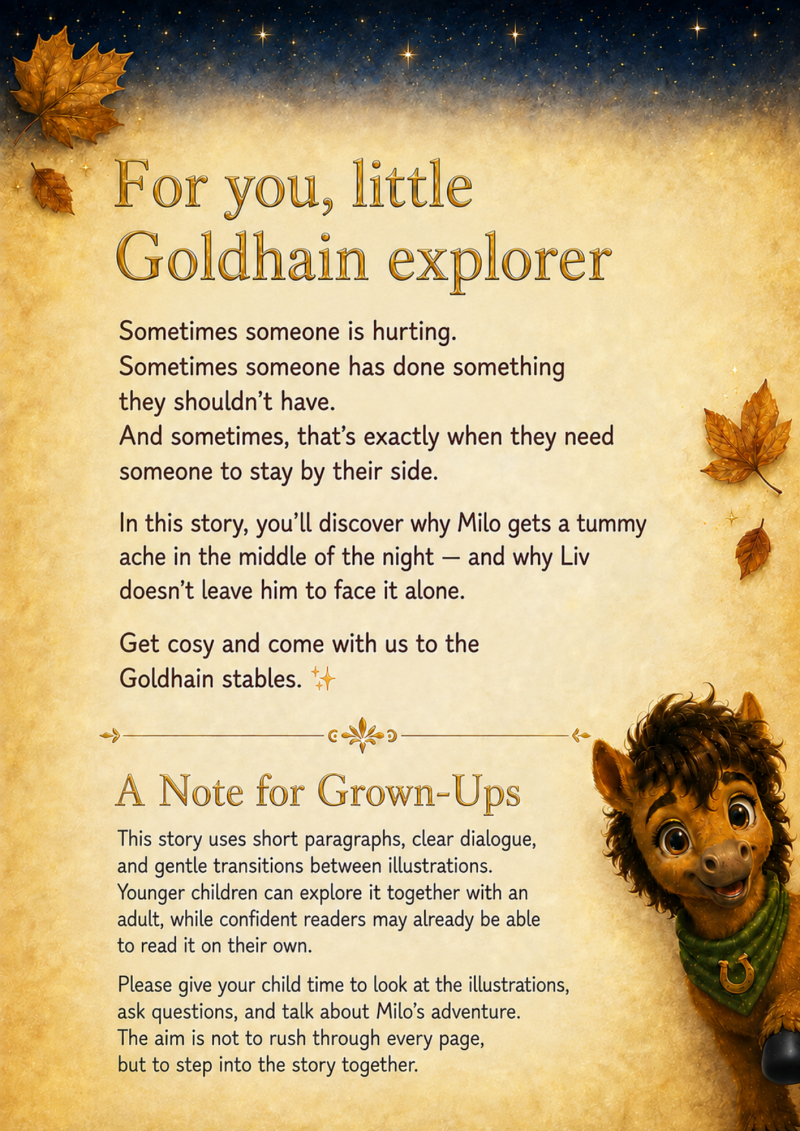 Introduction page for young Goldhain explorers and grown-ups, decorated with autumn leaves and Milo peeking in from the side. 