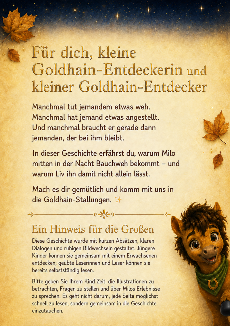 2. Warm gestaltete Einführungsseite für Kinder und Eltern mit goldenen Herbstblättern, Sternen und dem lächelnden Milo am unteren Bildrand. 