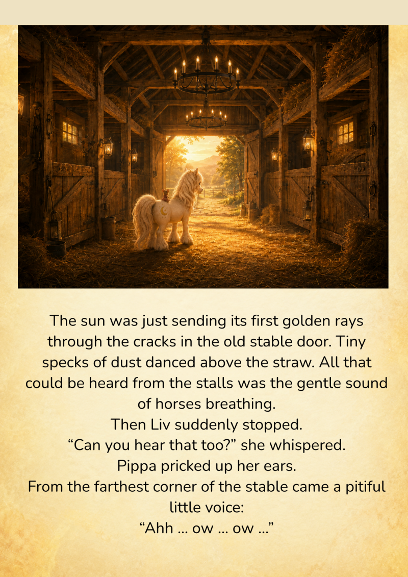 Liv and Pippa stand inside the golden morning light of the Goldhain stables after hearing Milo’s quiet cries. 
