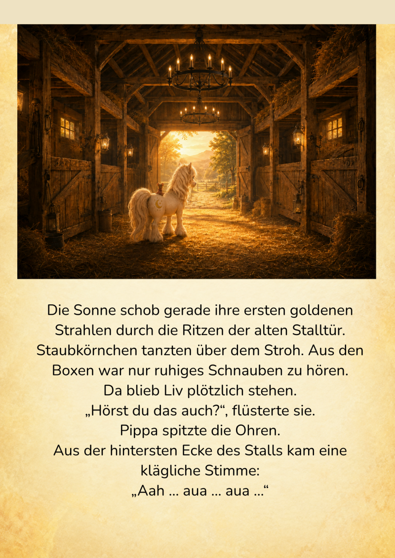 3. Liv steht mit Pippa auf dem Rücken im langen rustikalen Stallgang und lauscht einer kläglichen Stimme aus dem hinteren Teil des Stalls.  