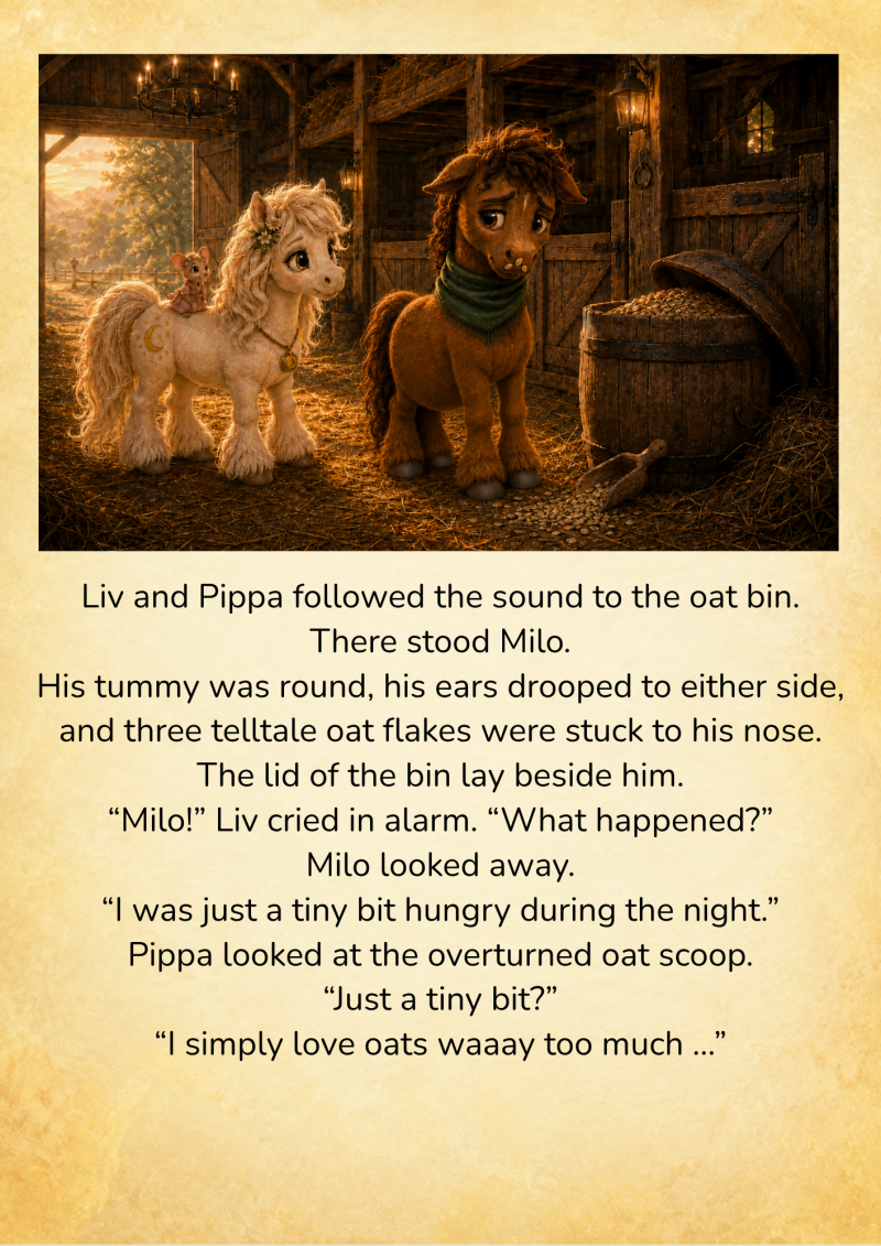 Liv and Pippa find Milo beside an open oat bin with oat flakes on his nose and an uncomfortable, rounded tummy.