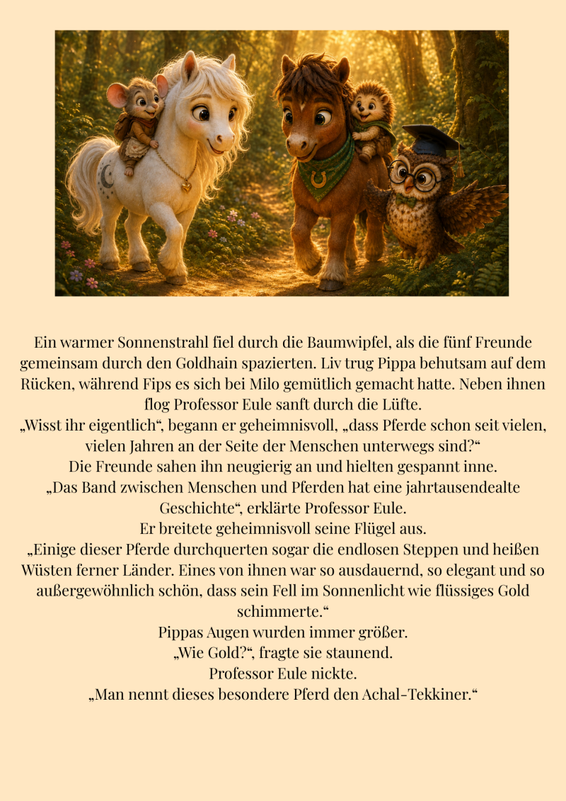 Liv und Milo spazieren im warmen goldenen Licht durch den Goldhain. Pippa reitet auf Livs Rücken, Fips sitzt auf Milo und Professor Eule begleitet die fünf Freunde auf ihrem Waldabenteuer. 