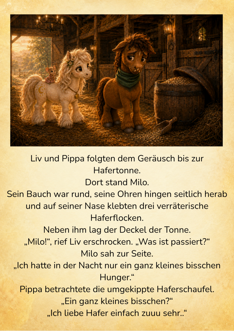 4. Liv und Pippa entdecken Milo mit schuldbewusstem Blick neben der geöffneten Hafertonne; Hafer liegt auf seiner Nase und im Stroh. 