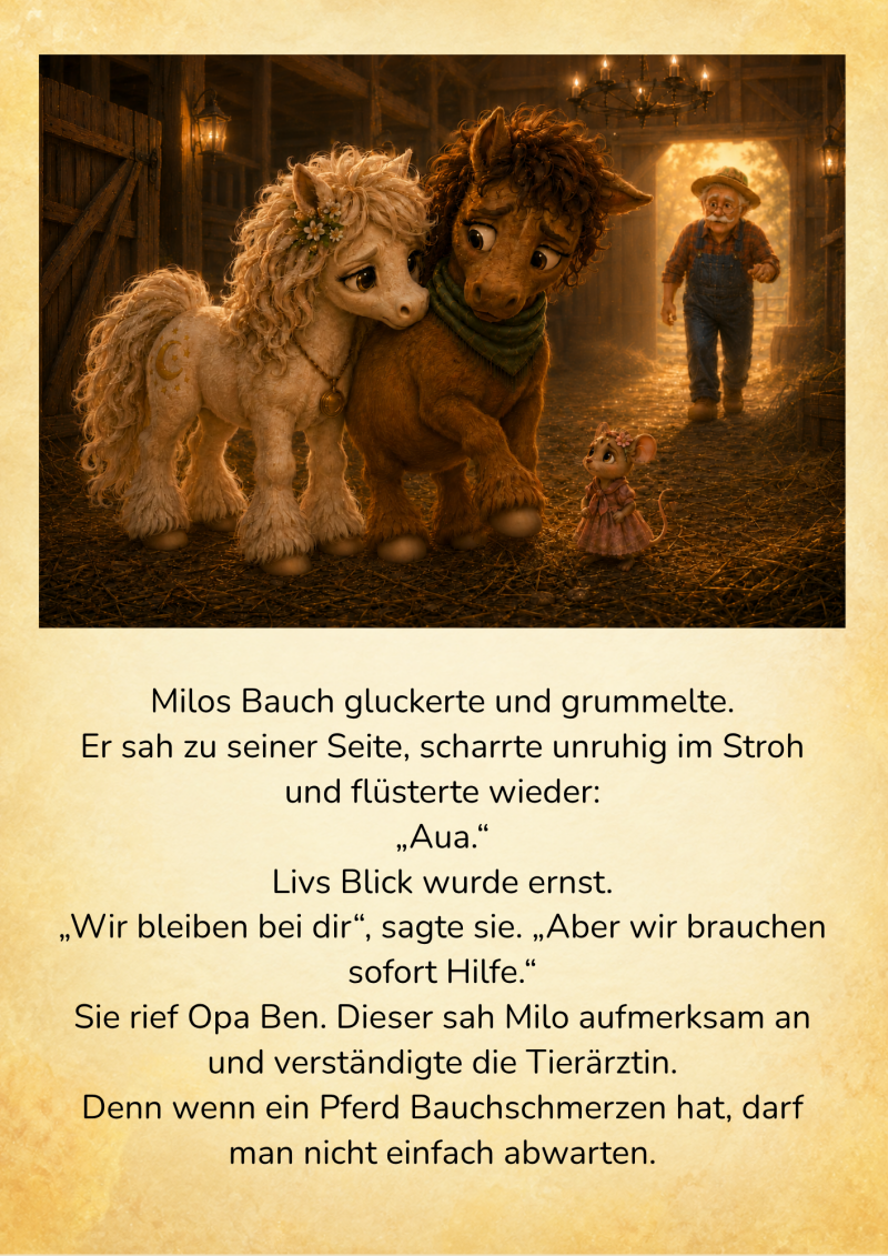 5. Liv schmiegt sich besorgt an den unruhigen Milo, während Pippa bei ihnen bleibt und Opa Ben durch den warm erleuchteten Stallgang herbeikommt. 