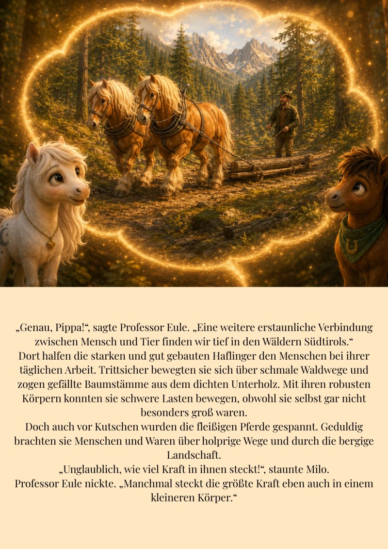 Liv und Milo lauschen der Geschichte zweier Haflinger, die gemeinsam kleine Baumstämme durch einen sonnigen Tiroler Bergwald ziehen.