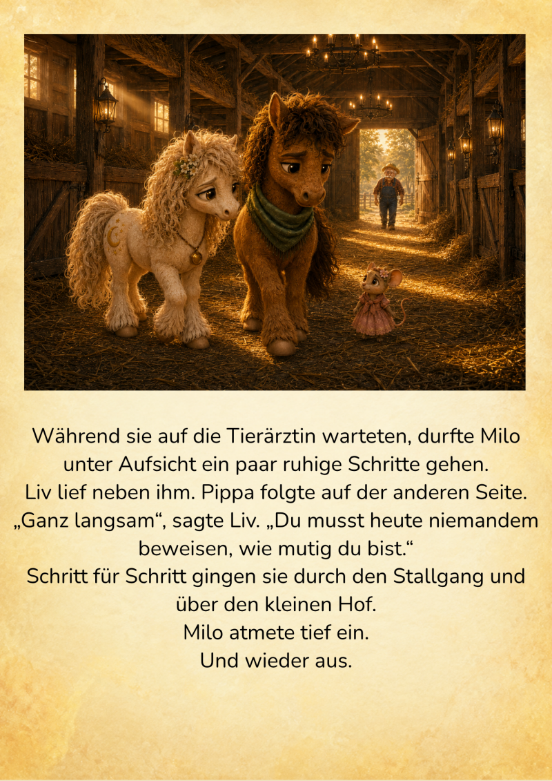 Liv begleitet Milo langsam durch den warm beleuchteten Stallgang, während Pippa aufmerksam neben ihnen läuft und Opa Ben im Hintergrund folgt. 