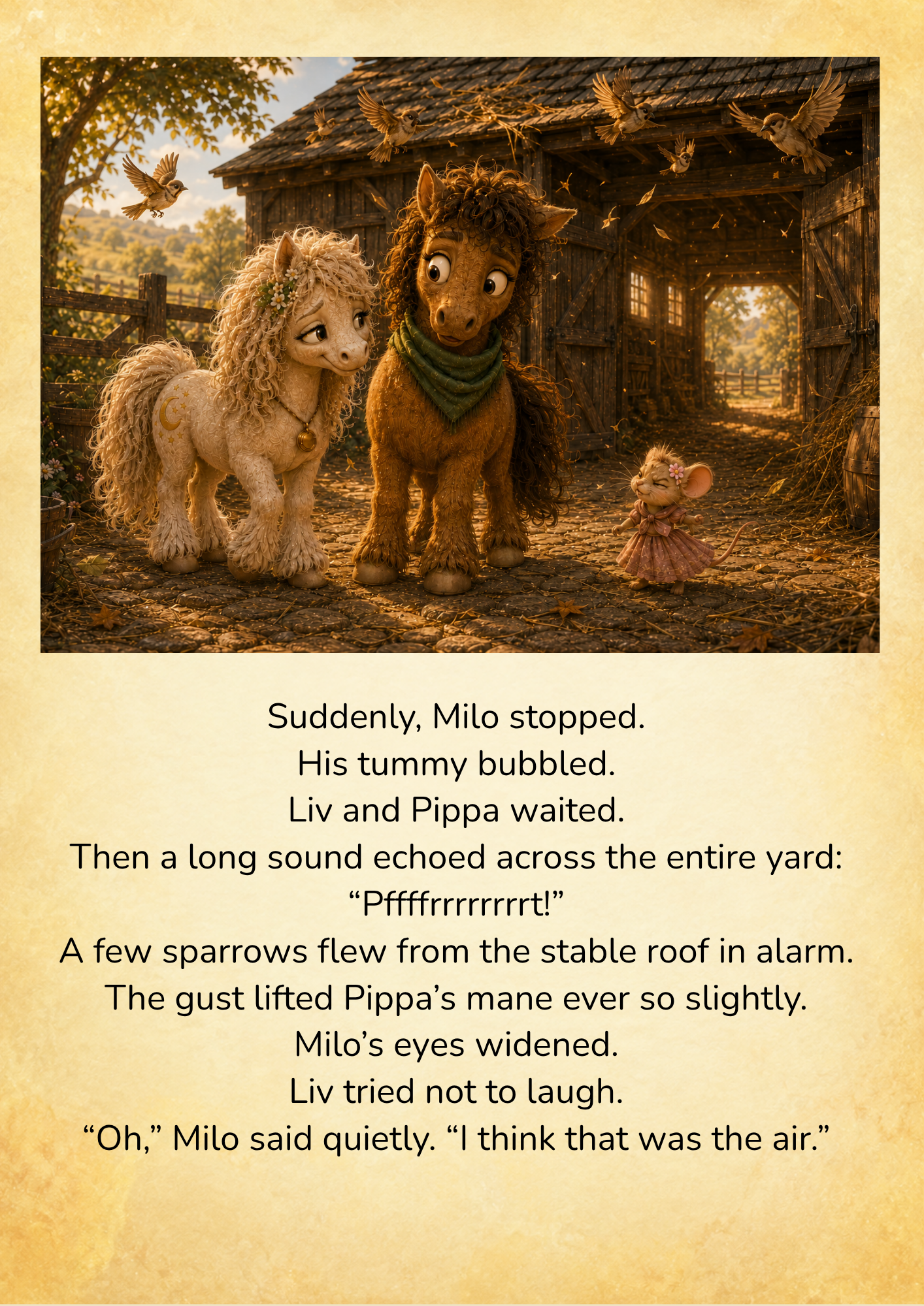 6. Liv and Milo stand outside the stable while Pippa smiles and startled sparrows fly from the roof above them. 