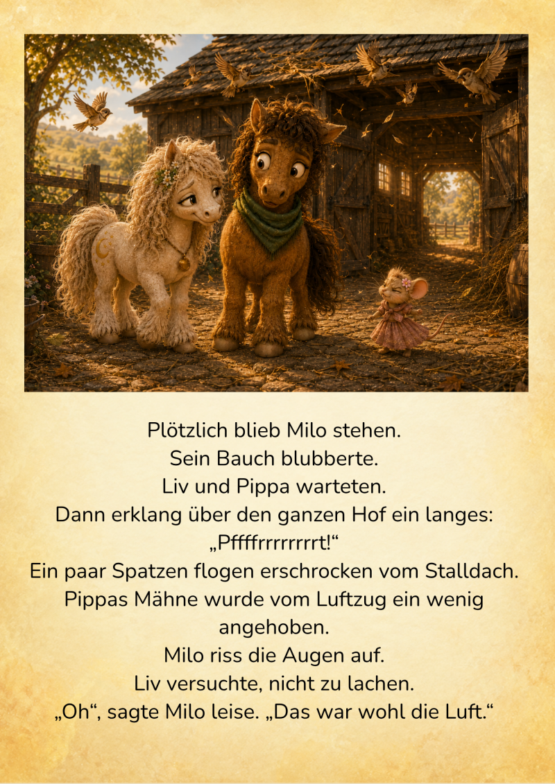 6. Milo blickt überrascht, Liv hält ein Lachen zurück und Pippa reagiert empört, während erschrockene Spatzen über den Goldhain-Hof flattern. 