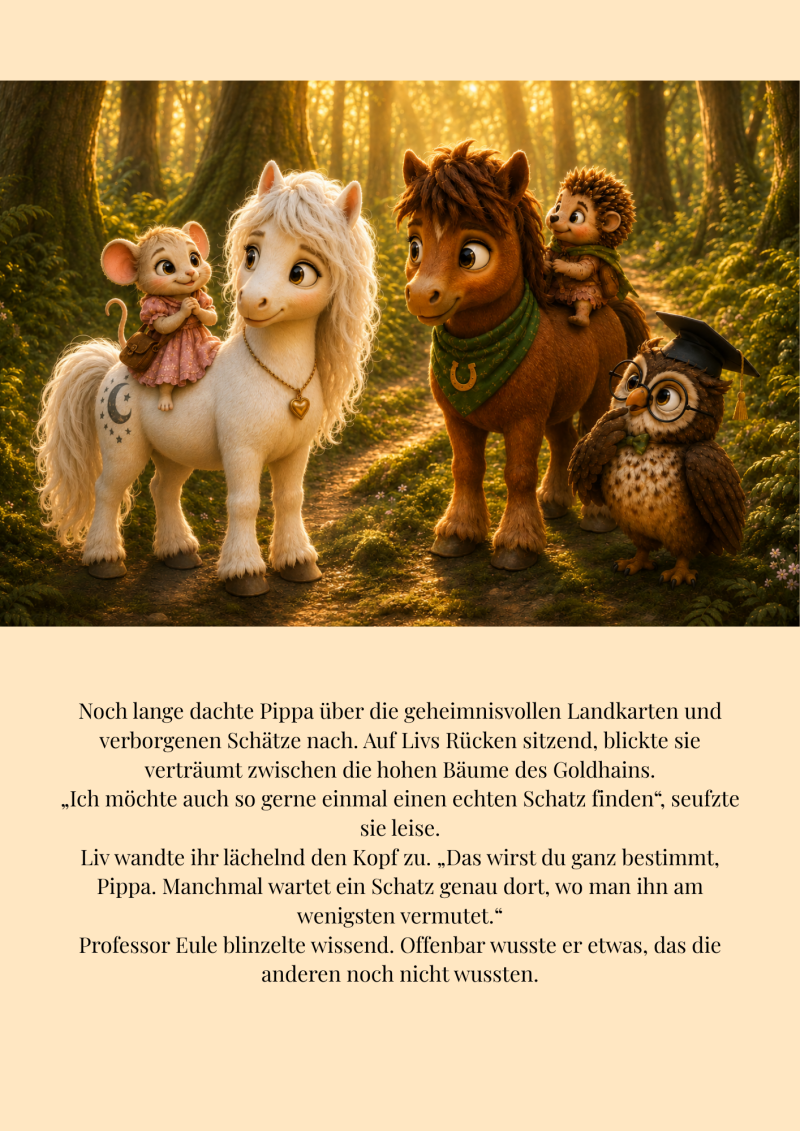 Liv trägt Pippa und Milo den kleinen Igel Fips auf dem Rücken, während Professor Eule die fünf Freunde durch den sonnigen Goldhain begleitet