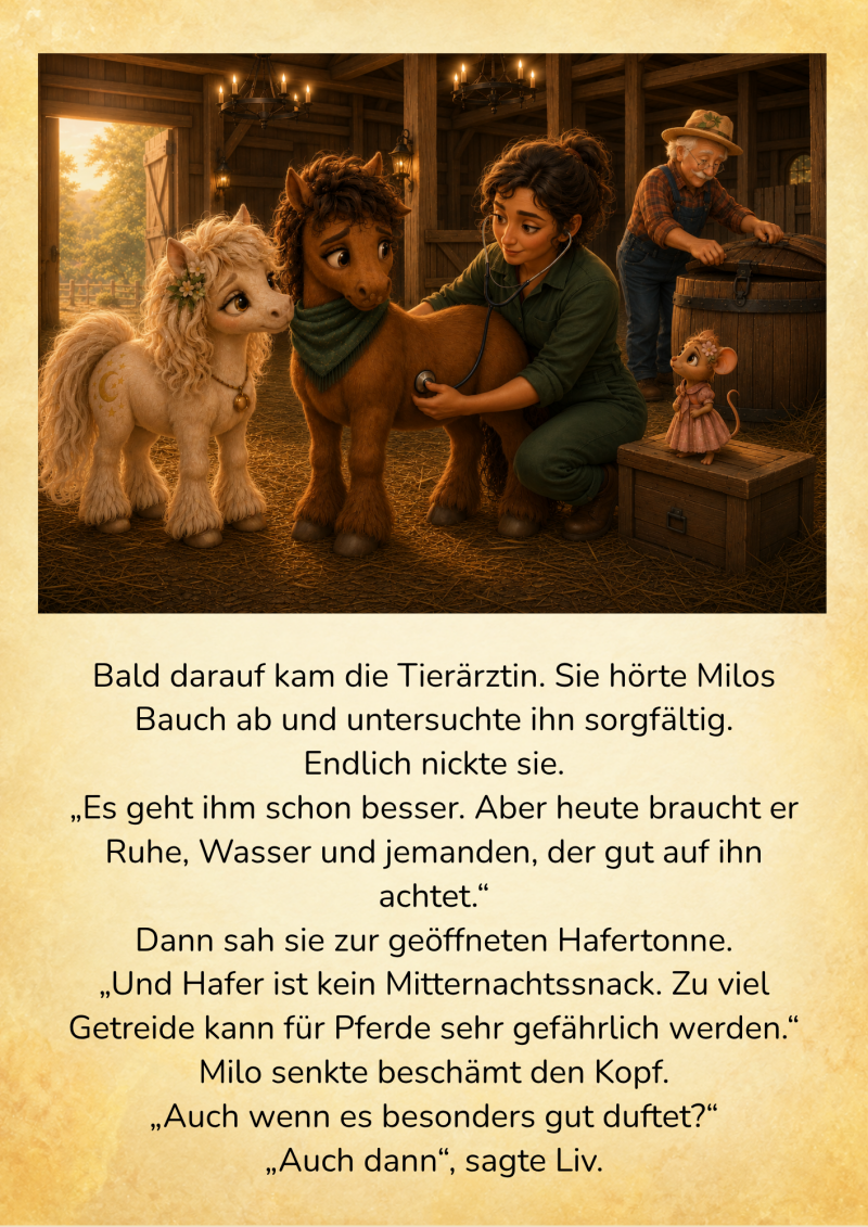 7. Die Tierärztin hört Milos Bauch mit einem Stethoskop ab, während Liv und Pippa bei ihm bleiben und Opa Ben lächelnd die Hafertonne verschließt. 
