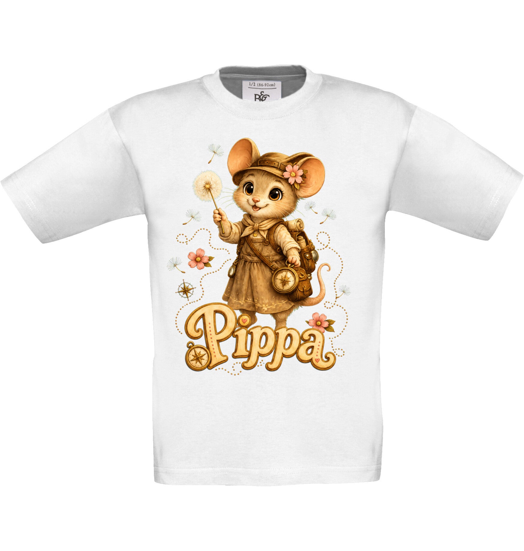 Weißes Hoofphysics Kids T-Shirt mit Liv, Blumen, Mondzeichen und goldenem Namensschriftzug.