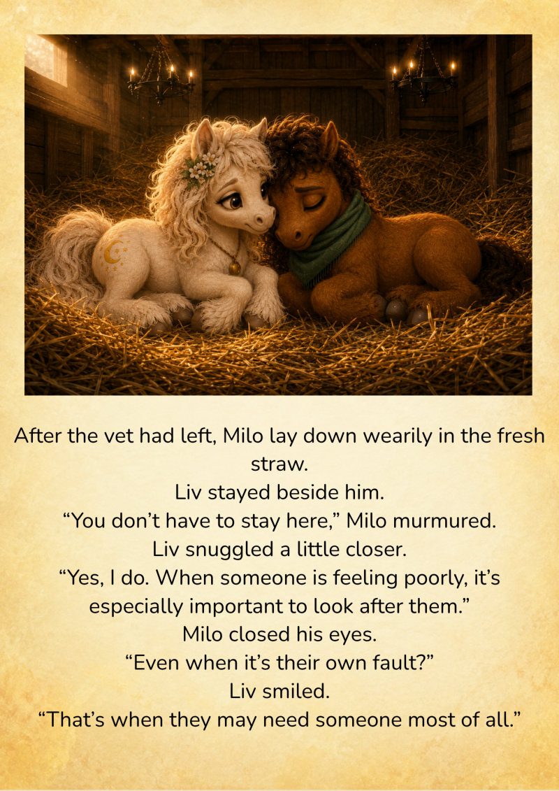 8. Liv rests closely beside a tired Milo in the fresh straw, gently comforting him after the veterinarian’s visit.