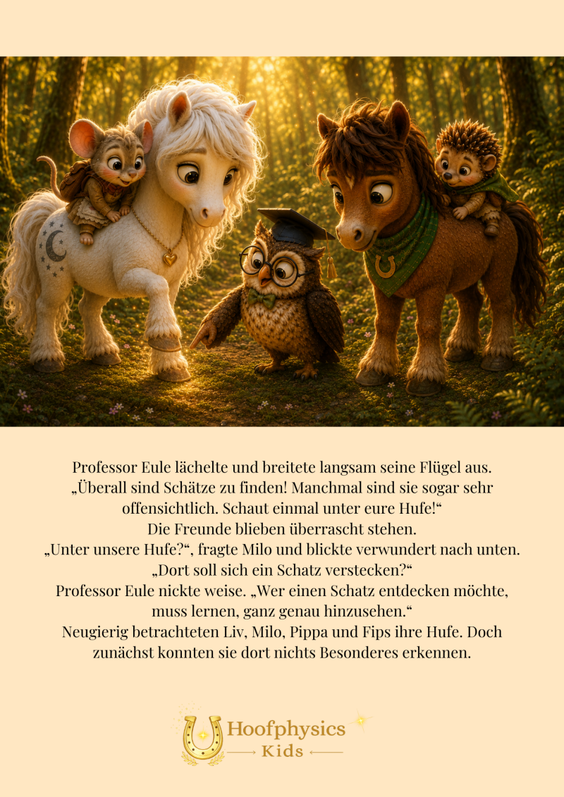 Professor Eule zeigt im warmen Licht des Goldhains auf Livs angehobenen Huf. Milo, Pippa und Fips schauen neugierig zu und entdecken gemeinsam, welche besondere Form sich unter dem Huf verbirgt. 