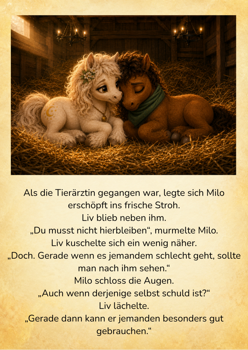 8. Liv und der erschöpfte Milo liegen eng aneinandergekuschelt im goldenen Stroh der warm beleuchteten Stallbox. 