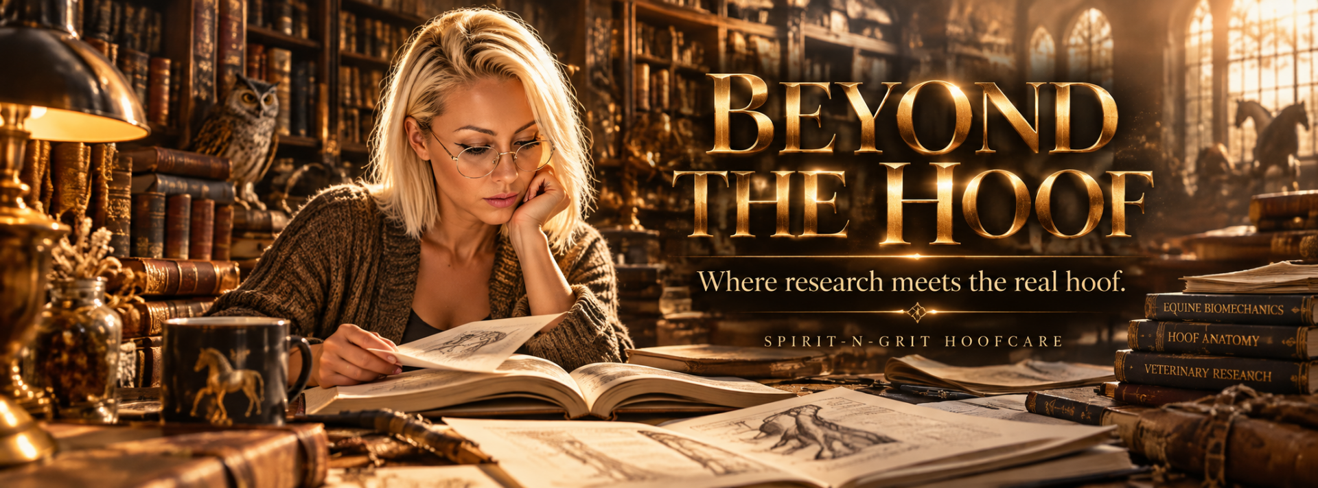 Beyond the Hoof – Frau recherchiert in einer Bibliothek zwischen Fachbüchern und Hufzeichnungen zu Studien rund um Pferdehufe und Hufbearbeitung