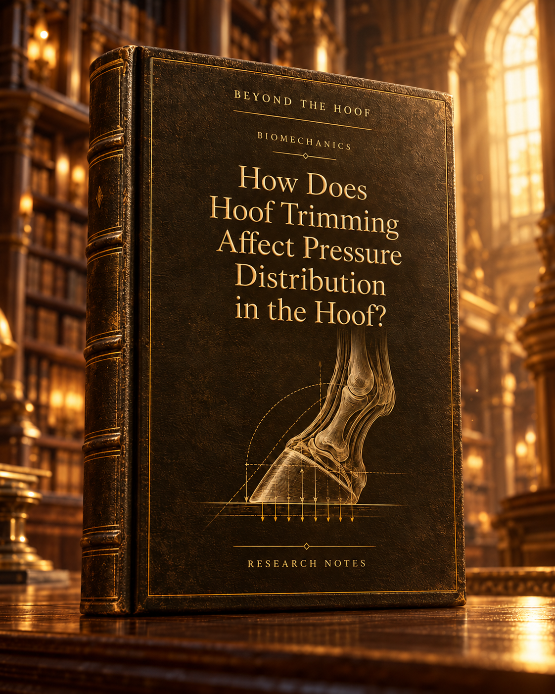 An antique, gold-embossed research book titled 'Beyond the Hoof – How Does Hoof Trimming Affect Pressure Distribution in the Hoof?' featuring an anatomical hoof illustration in a warmly illuminated library. Part of the Hoofphysics equine biomechanics rese