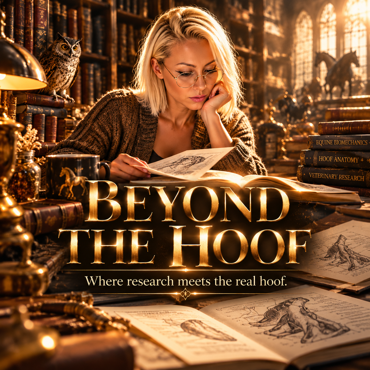 Beyond the Hoof – Where research meets the real hoof. A blonde woman studies equine hoof anatomy and biomechanics in a warmly illuminated, historic library surrounded by scientific books, anatomical illustrations, and an owl. Part of the Hoofphysics resea
