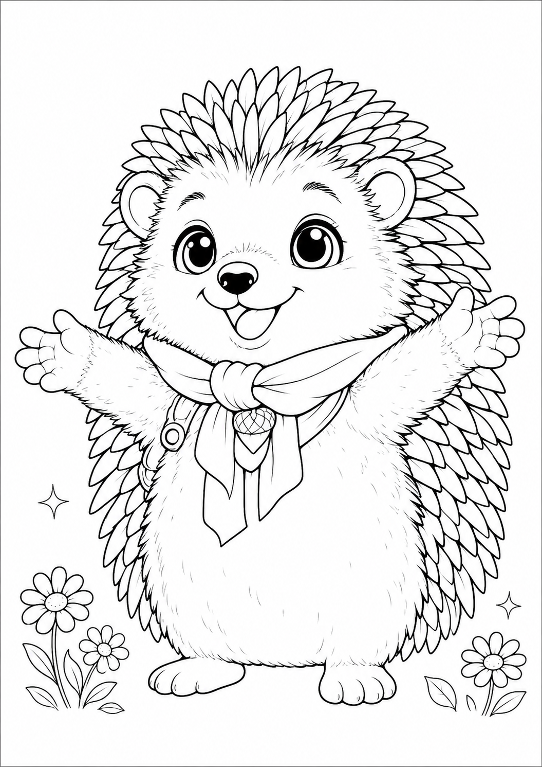 Kostenloses Ausmalbild von Fips im magischen Goldhain – der freundliche Igel begrüßt kleine Entdecker zwischen Blumen und vermittelt Freude, Freundlichkeit und Zusammenhalt.