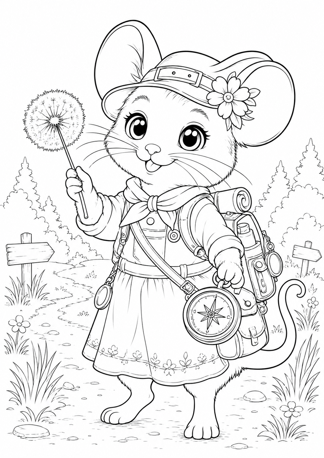 Ausmalbild von Pippa als kleine Entdeckerin aus Hoofphysics Kids. Mit Rucksack, Kompass und Pusteblume begibt sie sich auf eine spannende Entdeckungsreise durch den magischen Goldhain und lädt Kinder zum kreativen Ausmalen ein.