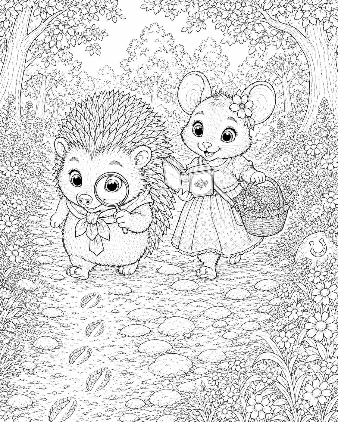 Ausmalbild von Pippa und Fips aus Hoofphysics Kids. Gemeinsam sammeln die beiden Freunde auf einem Waldweg im magischen Goldhain kleine Schätze der Natur und erleben ein liebevolles Abenteuer voller Entdeckungen und Freundschaft.