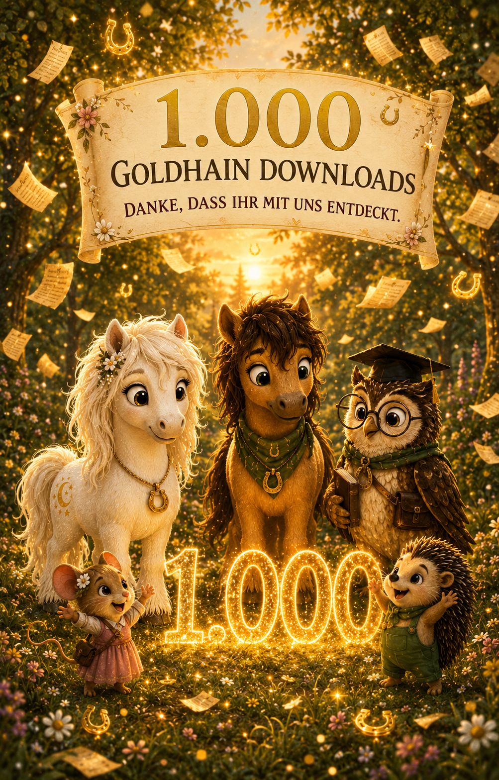 Goldhain-Figuren feiern gemeinsam den Meilenstein von 1.000 Downloads in einem magisch leuchtenden Wald voller goldener Hufeisen und schwebender Buchseiten.  Bild 2: