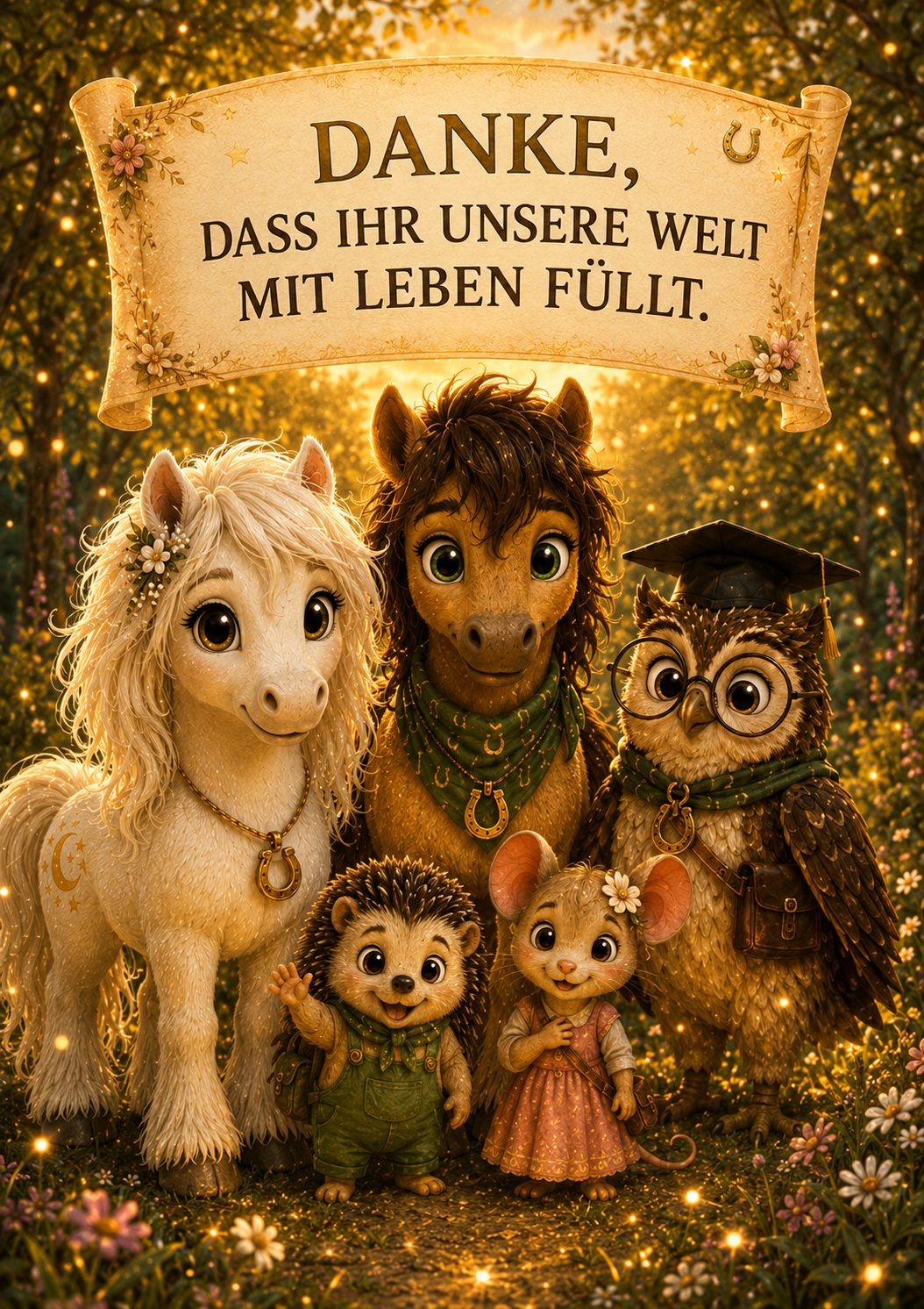 Liv, Milo, Professor Eule, Fips und Pippa stehen gemeinsam in einem goldenen Zauberwald unter dem Schriftzug „Danke, dass ihr unsere Welt mit Leben füllt
