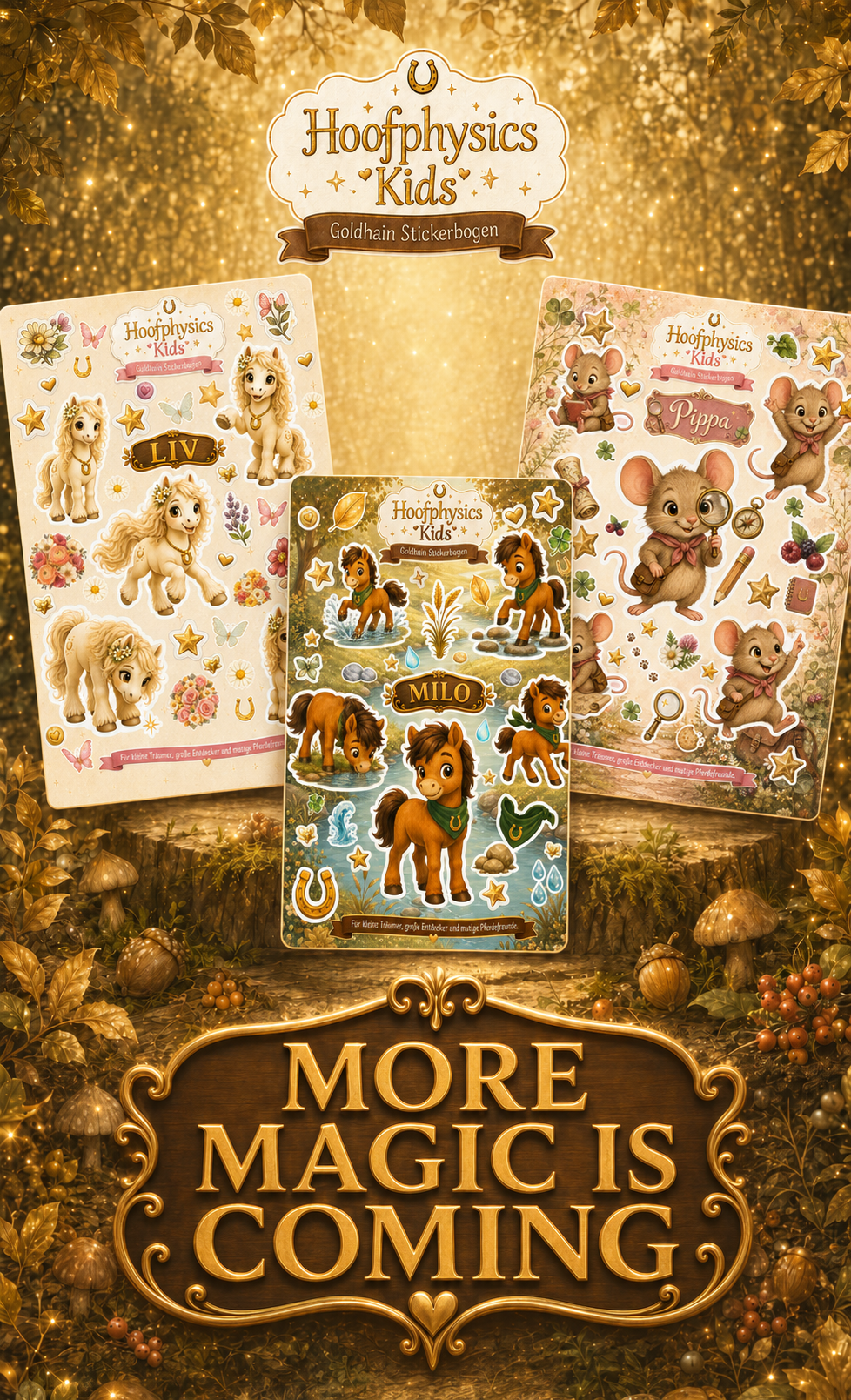 Vorschau auf die kommenden Hoofphysics Kids Stickerbögen mit den Charakteren aus dem Goldhain.