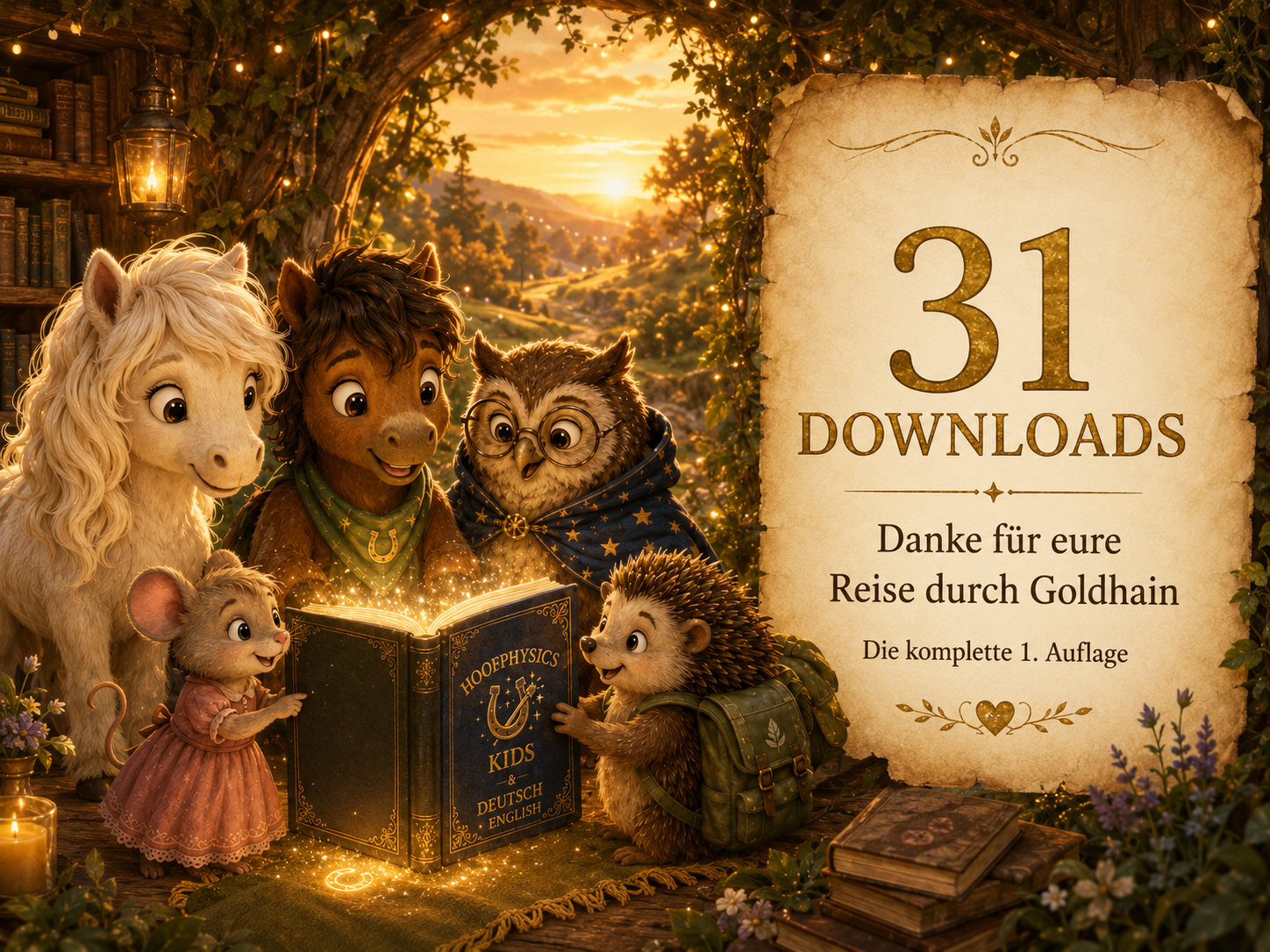 Liv, Milo, Professor Eule, Pippa und Fips versammeln sich bei Sonnenuntergang um ein leuchtendes Hoofphysics-Kids-Mitmachbuch; daneben steht „31 Downloads – Danke für eure Reise durch Goldhain
