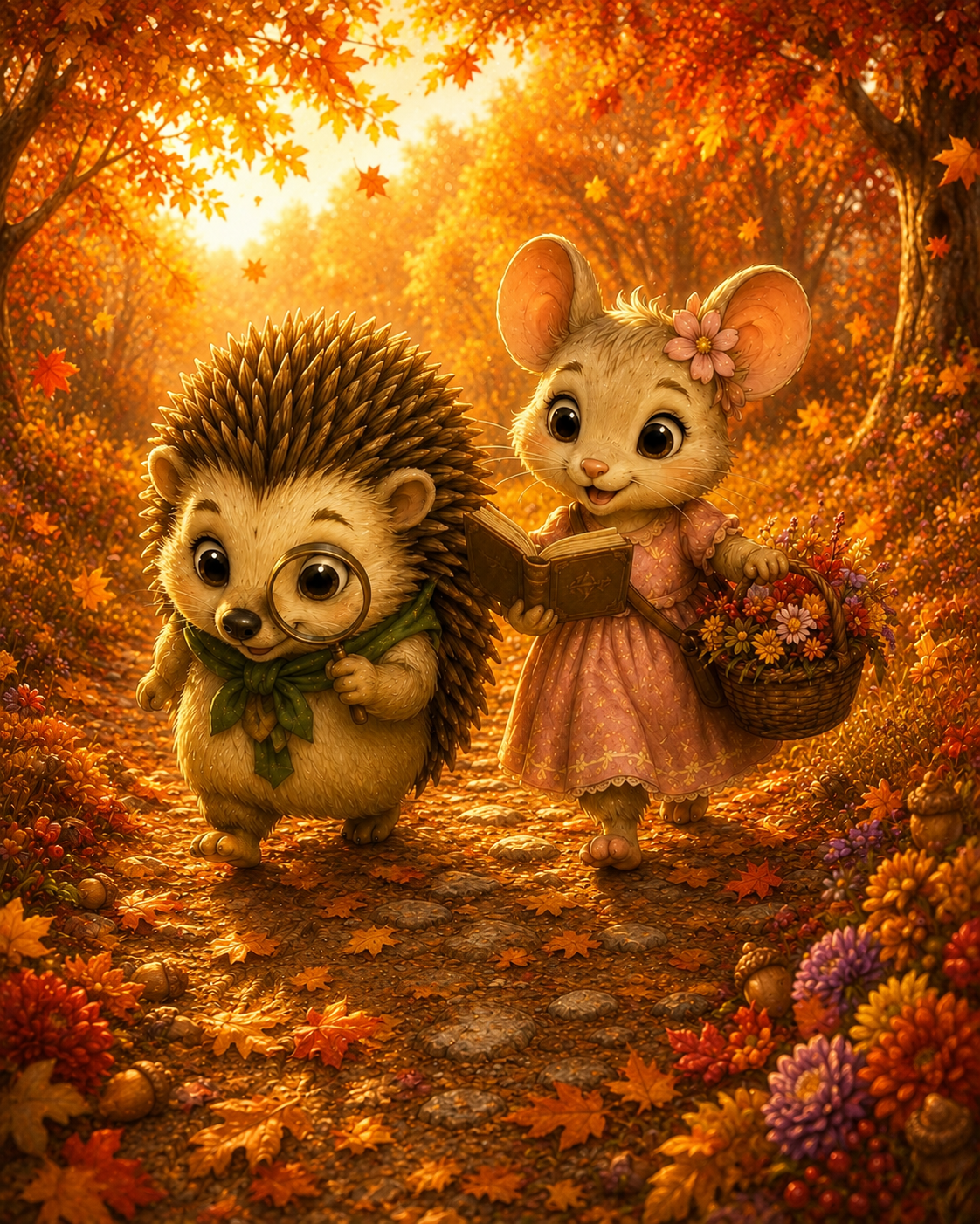 Igel Fips und Maus Pippa entdecken gemeinsam den leuchtenden Herbstwald – Fips mit Lupe und Pippa mit Buch und Blumenkorb.