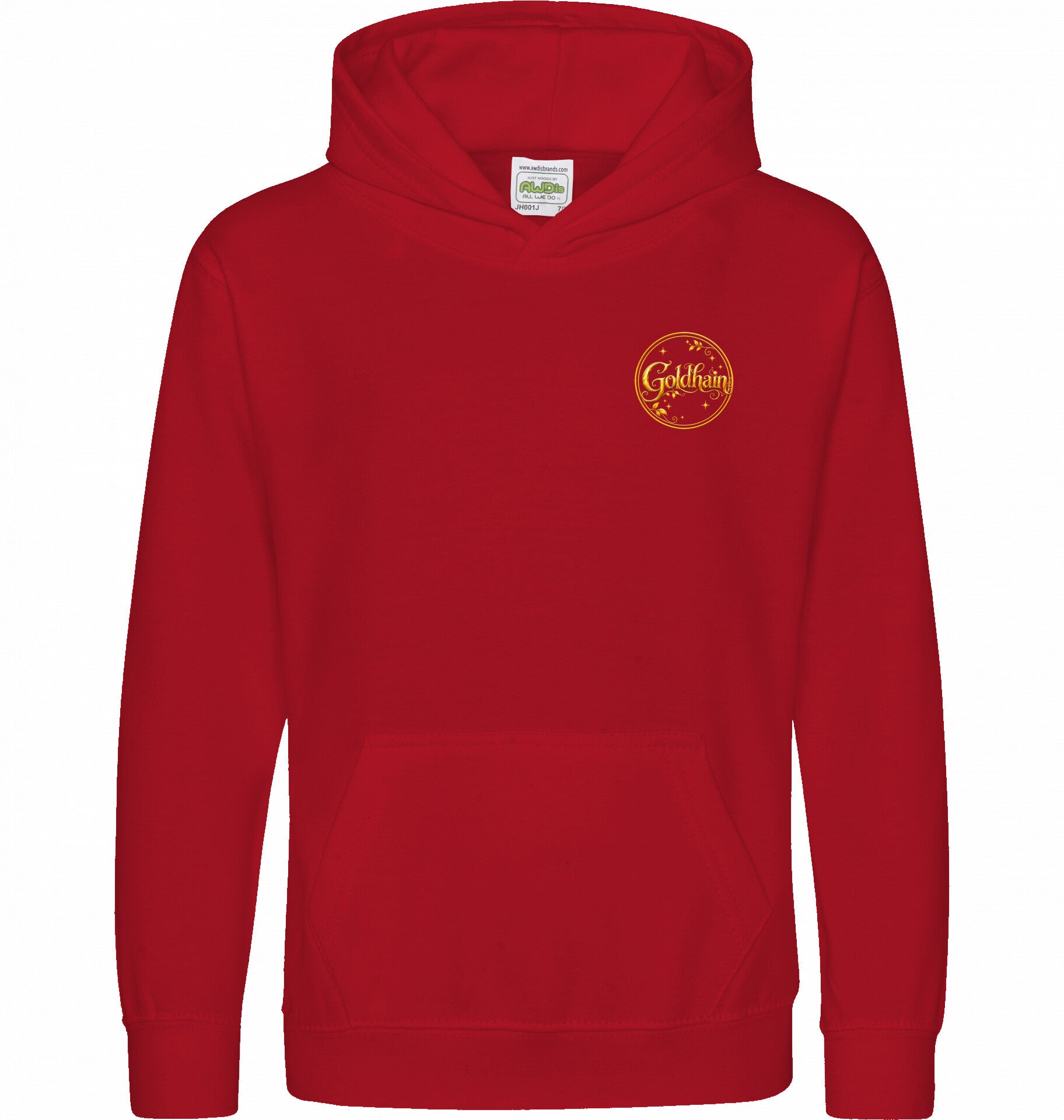 Roter Hoofphysics-Kids-Hoodie mit kleinem goldenem Goldhain-Logo auf der Brust.