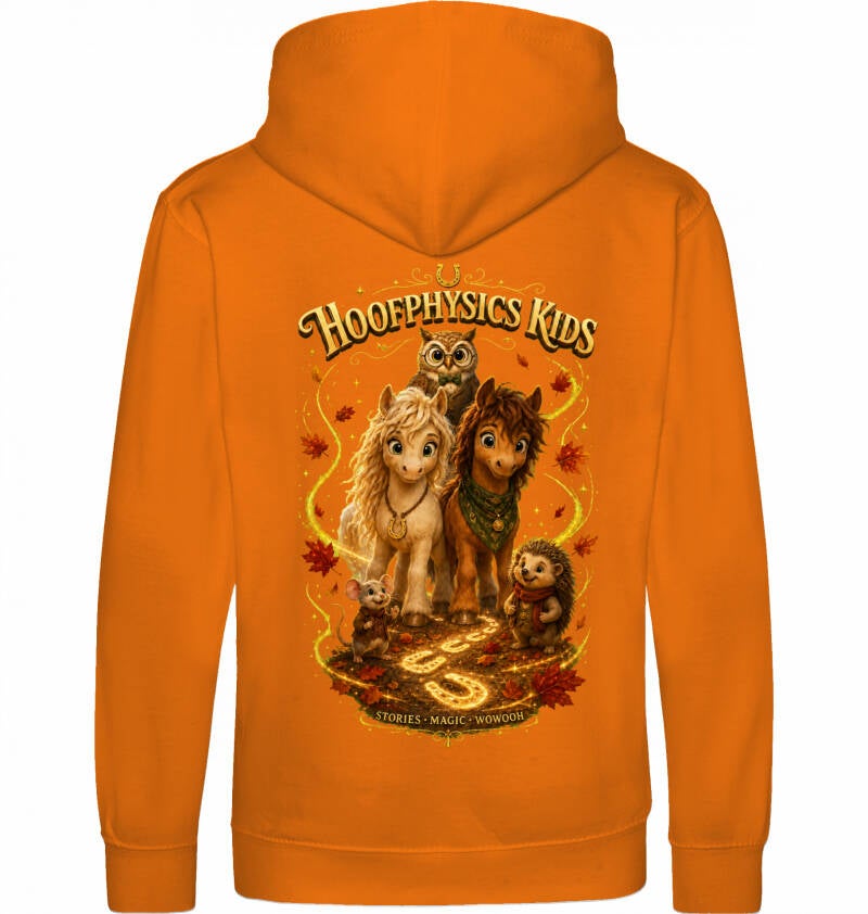 Oranger Hoofphysics-Kids-Hoodie mit Liv, Milo, Professor Eule, Fips und Pippa auf der Rückseite.