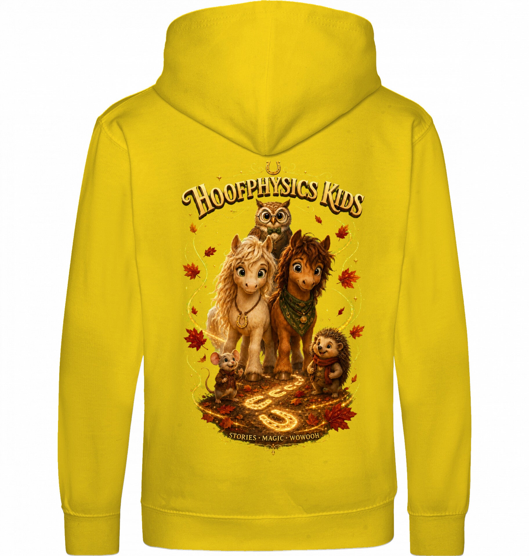 Gelber Hoofphysics-Kids-Hoodie mit den fünf Goldhain-Freunden und herbstlichen Blättern auf der Rückseite.