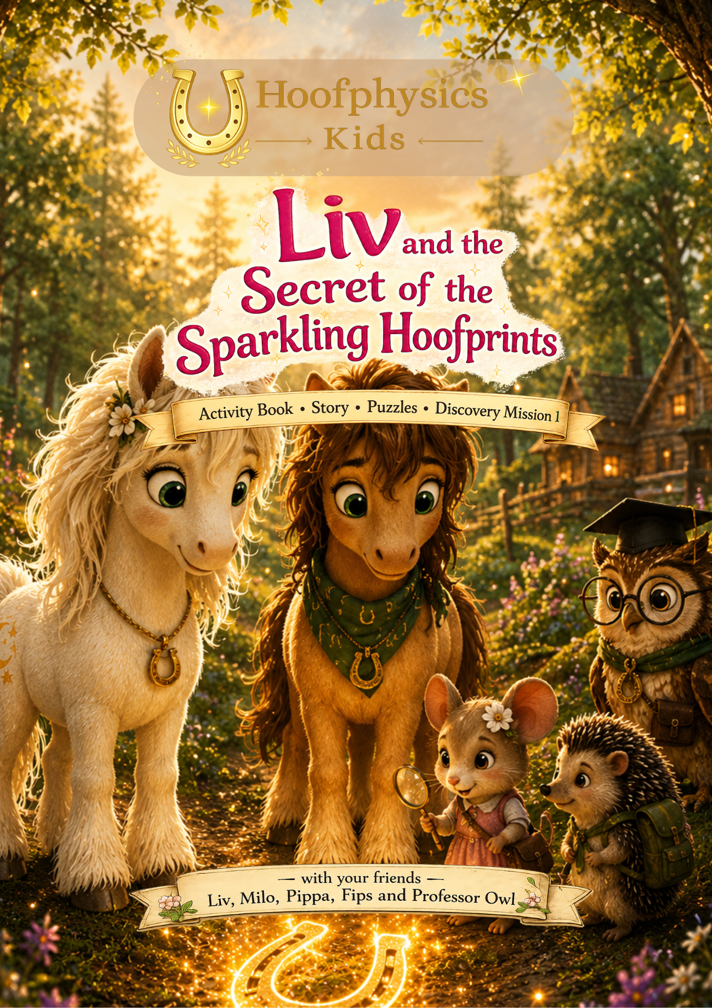 English cover of the Hoofphysics Kids activity book “Liv and the Secret of the Sparkling Hoofprints,” featuring Liv, Milo, Pippa, Fips and Professor Owl in the magical world of Goldhain.