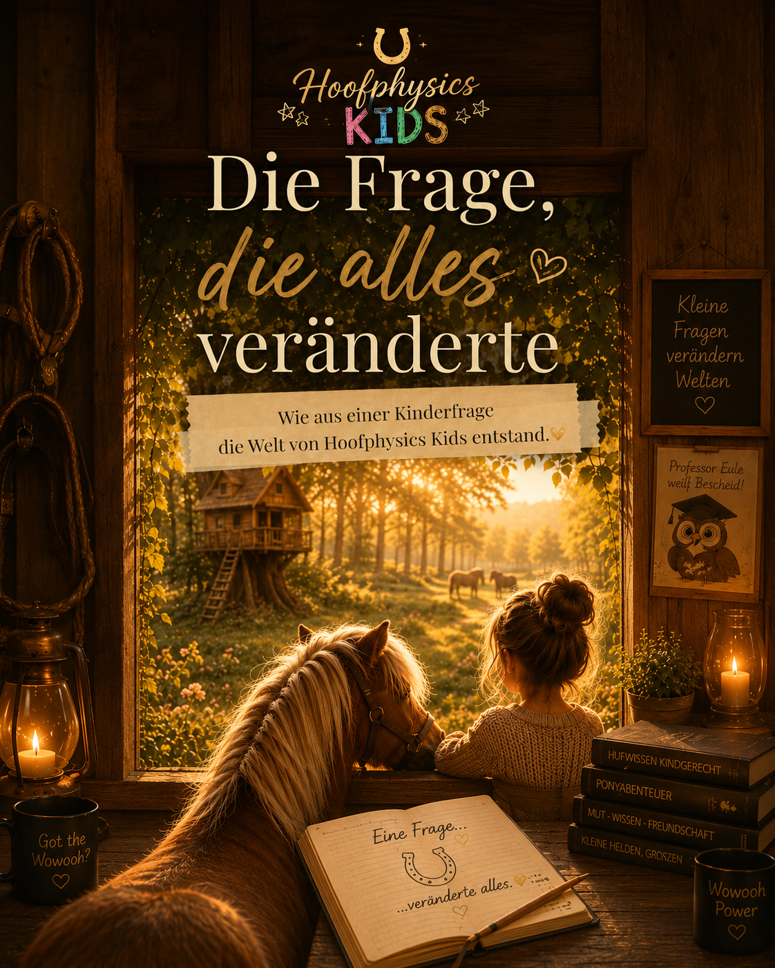 Ein Mädchen und ein Pony blicken aus einer gemütlichen Holzhütte in den sonnigen Goldhain; vor ihnen liegt ein Buch mit der Frage, die alles veränderte.