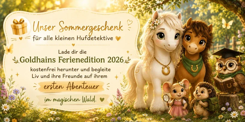 Liv, Milo, Pippa, Fips und Professor Eule im sonnigen Goldhain neben dem Hinweis auf die kostenlose Ferienedition 2026 für kleine Hufdetektive.