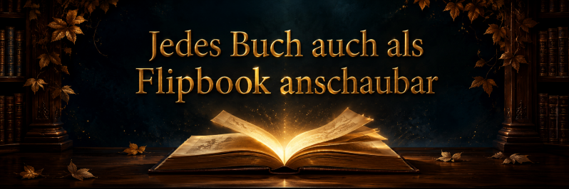 Leuchtendes aufgeschlagenes Buch in einer dunklen, herbstlich geschmückten Bibliothek mit dem Schriftzug „Jedes Buch auch als Flipbook anschaubar“.