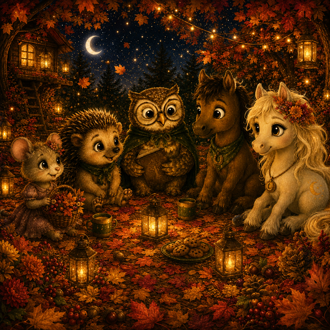 Pippa, Fips, Professor Eule, Milo und Liv sitzen an einem leuchtenden Herbstabend gemeinsam unter dem Sternenhimmel im Goldhain.