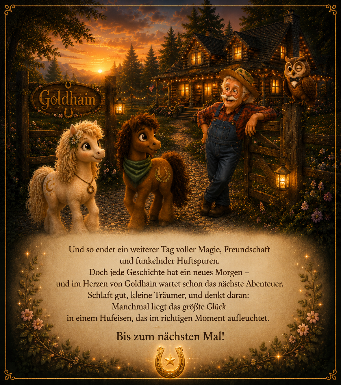 Abschlussbild der Geschichte: Liv und Milo stehen im goldenen Abendlicht mit Opa Ben und Professor Eule vor der Goldhain-Farm – nach einem Tag voller Magie, Freundschaft und funkelnder Hufspuren wartet bereits das nächste Abenteuer